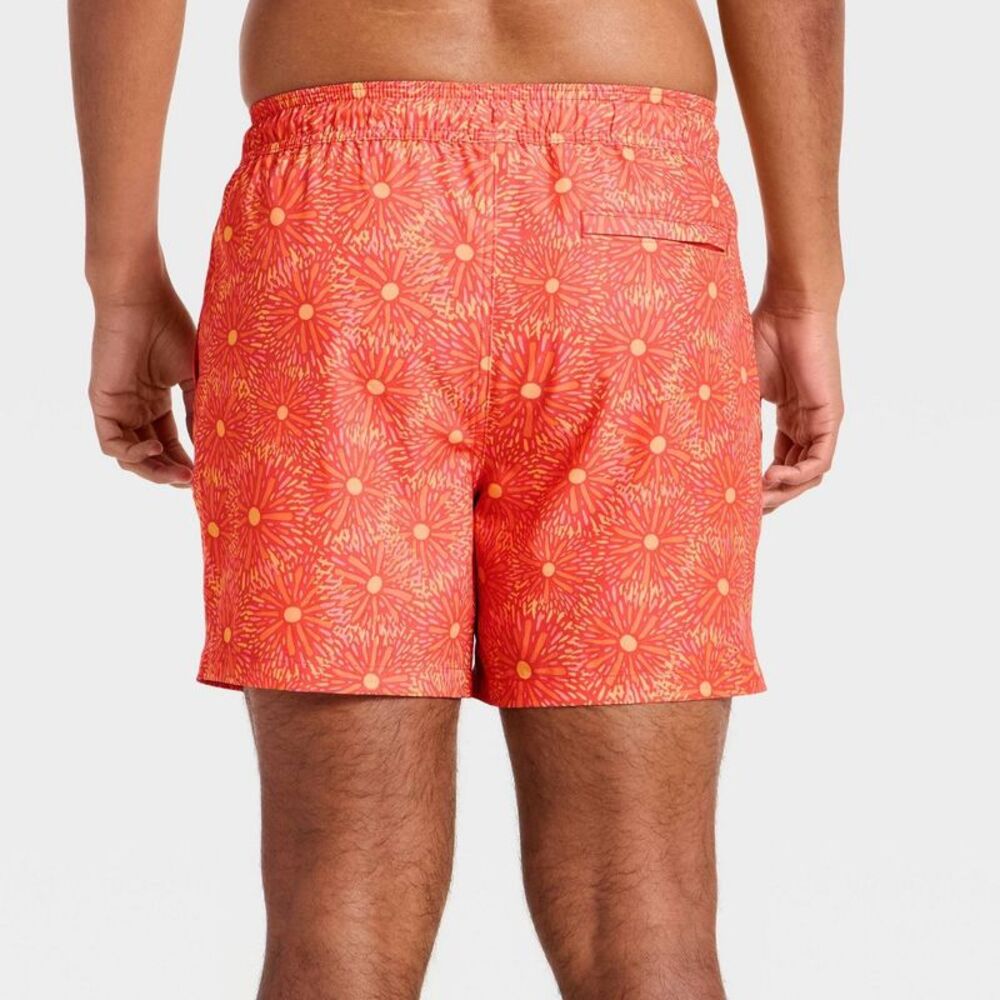Men's 5'' Swim Trunks with Boxer Brief Liner - Coral Orange Floral L - Picture 2 of 4